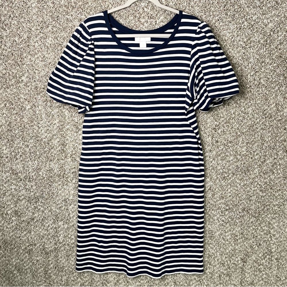 Rachel Parcell Dressâ Womenâs Large Navy/White Striped Short Puff SleeveâJersey